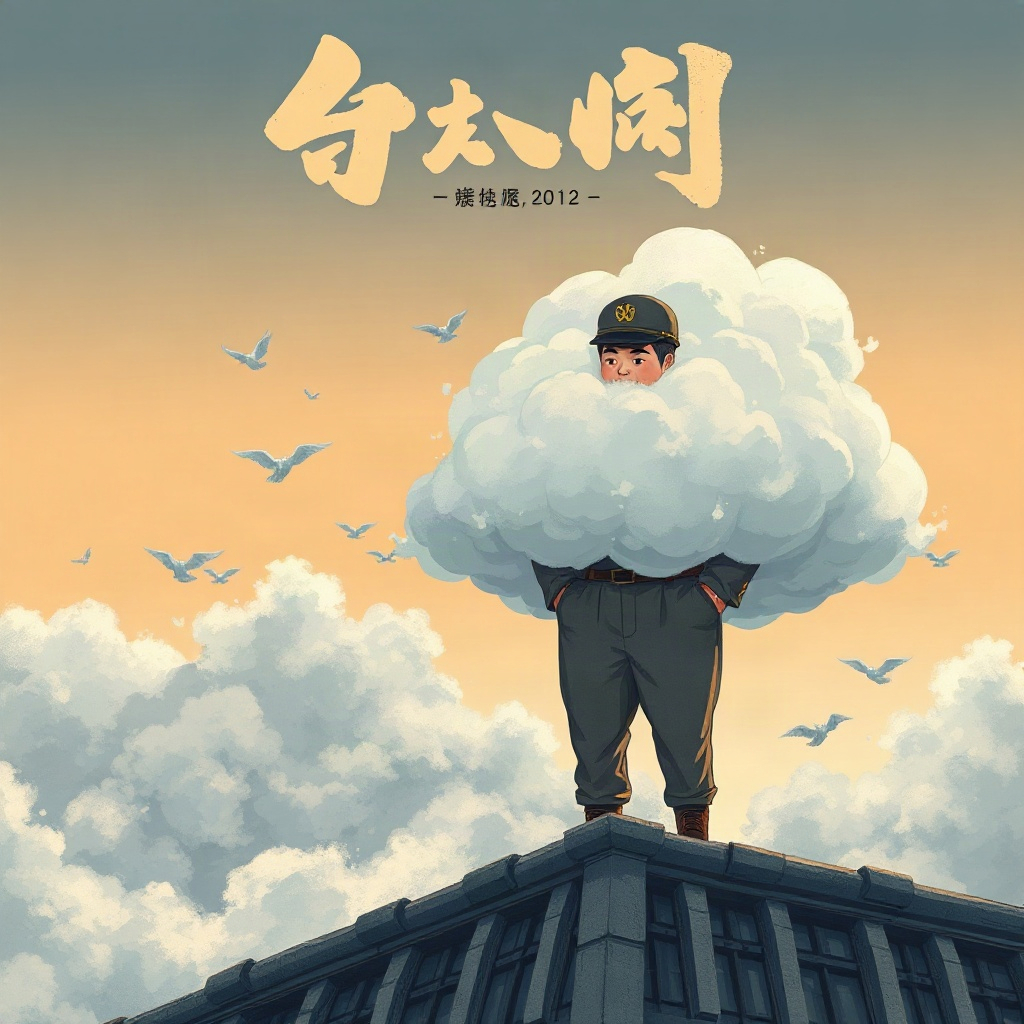 AI漫剧《小镇天气局》海报，屋顶气象员与一朵拟人化的云