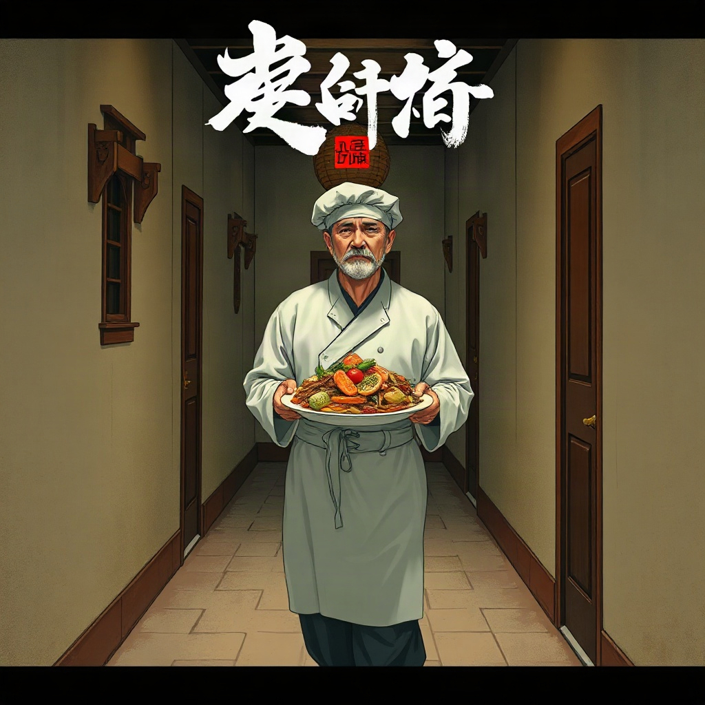 魔改短剧《大观园食堂》海报，古代厨娘端着一道精致菜肴穿过回廊